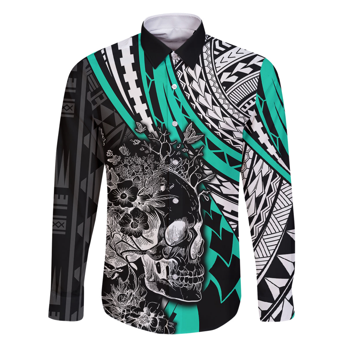 Personalised Polynesia Skull Family Matching Tank Maxi Dress and Hawaiian Shirt Tattoo In The Style Of Maori With Marine Life Aqua LT9 Dad's Shirt - Long Sleeve Aqua - Polynesian Pride
