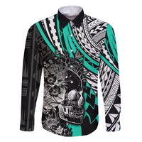 Personalised Polynesia Skull Family Matching Tank Maxi Dress and Hawaiian Shirt Tattoo In The Style Of Maori With Marine Life Aqua LT9 Dad's Shirt - Long Sleeve Aqua - Polynesian Pride