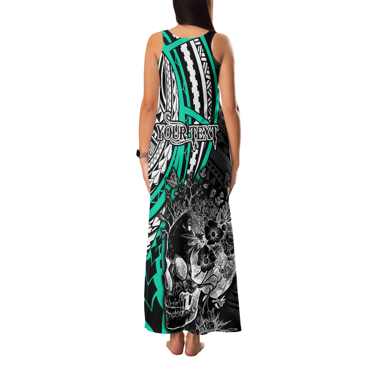 Personalised Polynesia Skull Family Matching Tank Maxi Dress and Hawaiian Shirt Tattoo In The Style Of Maori With Marine Life Aqua LT9 - Polynesian Pride