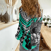 Personalised Polynesia Skull Women Casual Shirt Tattoo In The Style Of Maori With Marine Life Aqua LT9 - Polynesian Pride