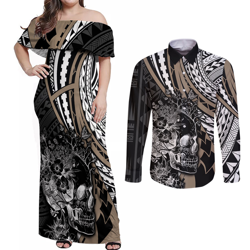 Personalised Polynesia Skull Couples Matching Off Shoulder Maxi Dress and Long Sleeve Button Shirts Tattoo In The Style Of Maori With Marine Life Gold LT9 Gold - Polynesian Pride
