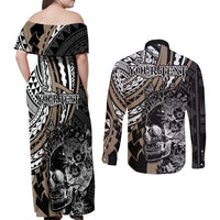 Personalised Polynesia Skull Couples Matching Off Shoulder Maxi Dress and Long Sleeve Button Shirts Tattoo In The Style Of Maori With Marine Life Gold LT9 - Polynesian Pride