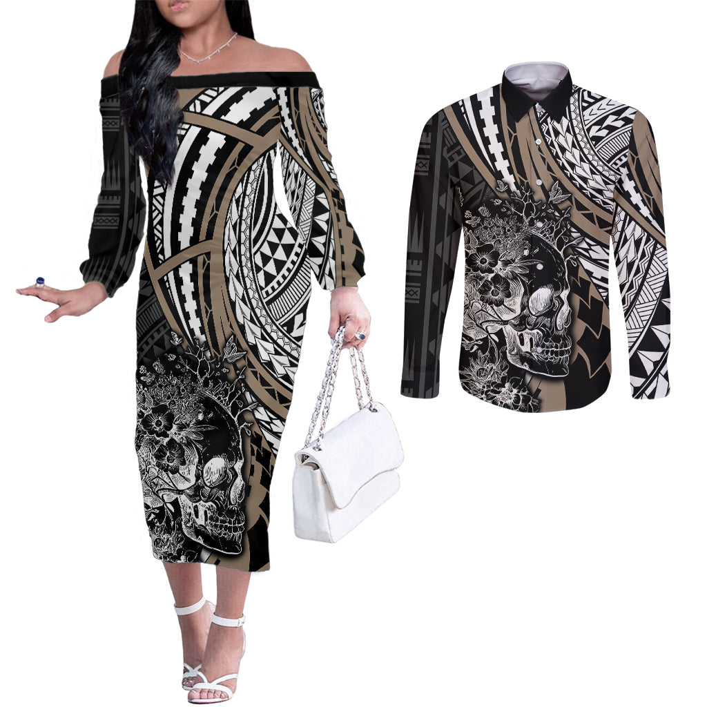 Personalised Polynesia Skull Couples Matching Off The Shoulder Long Sleeve Dress and Long Sleeve Button Shirts Tattoo In The Style Of Maori With Marine Life Gold LT9 Gold - Polynesian Pride