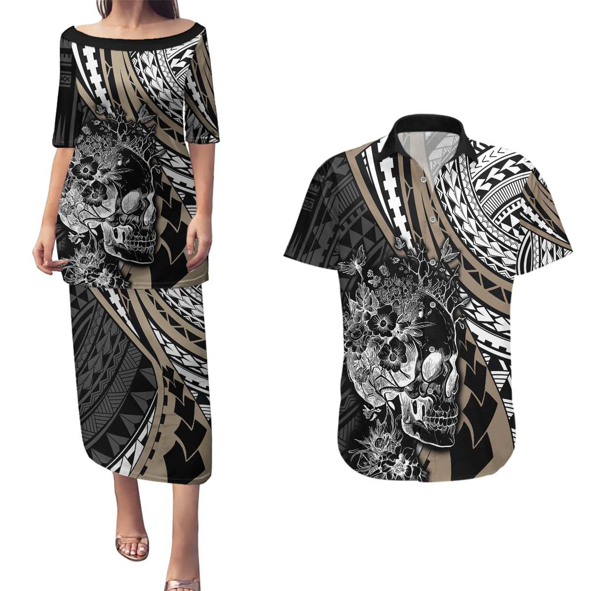 Personalised Polynesia Skull Couples Matching Puletasi Dress and Hawaiian Shirt Tattoo In The Style Of Maori With Marine Life Gold LT9 Gold - Polynesian Pride
