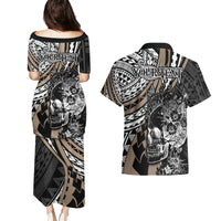 Personalised Polynesia Skull Couples Matching Puletasi Dress and Hawaiian Shirt Tattoo In The Style Of Maori With Marine Life Gold LT9 - Polynesian Pride