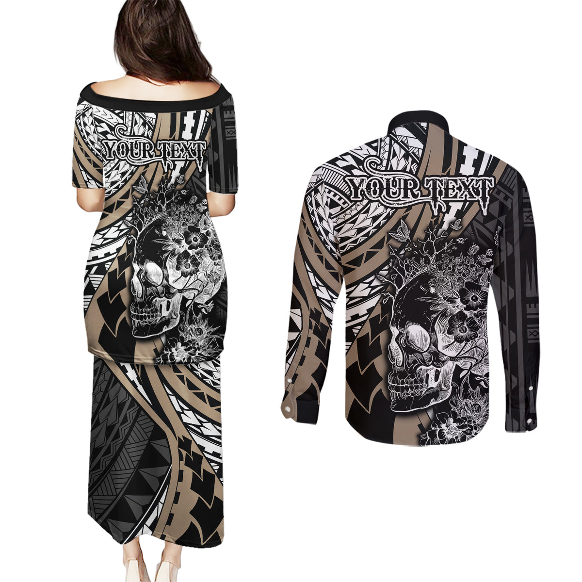 Personalised Polynesia Skull Couples Matching Puletasi Dress and Long Sleeve Button Shirts Tattoo In The Style Of Maori With Marine Life Gold LT9 - Polynesian Pride