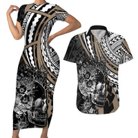 Personalised Polynesia Skull Couples Matching Short Sleeve Bodycon Dress and Hawaiian Shirt Tattoo In The Style Of Maori With Marine Life Gold LT9 Gold - Polynesian Pride