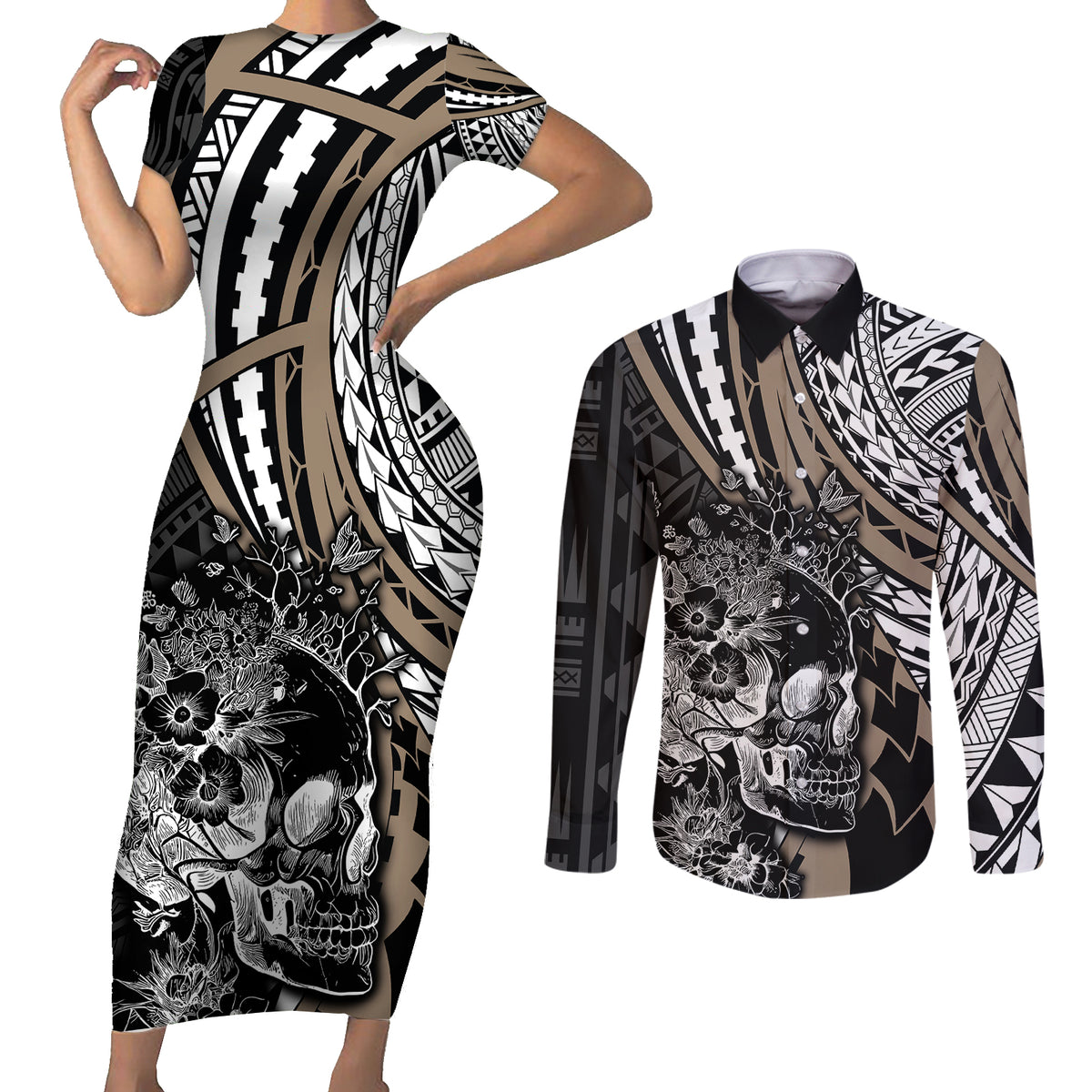 Personalised Polynesia Skull Couples Matching Short Sleeve Bodycon Dress and Long Sleeve Button Shirts Tattoo In The Style Of Maori With Marine Life Gold LT9 Gold - Polynesian Pride