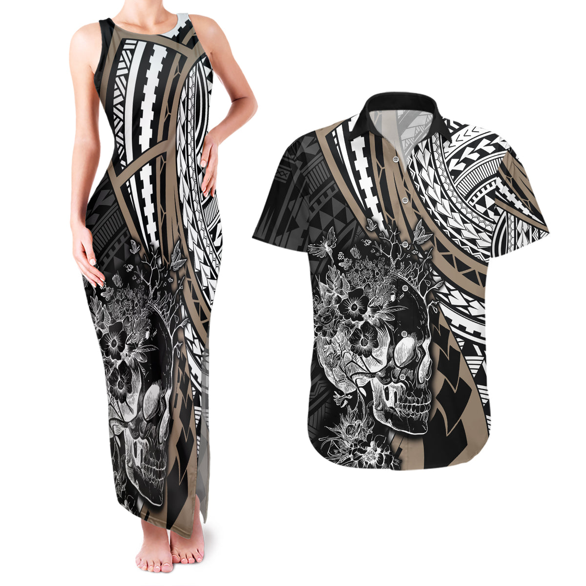 Personalised Polynesia Skull Couples Matching Tank Maxi Dress and Hawaiian Shirt Tattoo In The Style Of Maori With Marine Life Gold LT9 Gold - Polynesian Pride