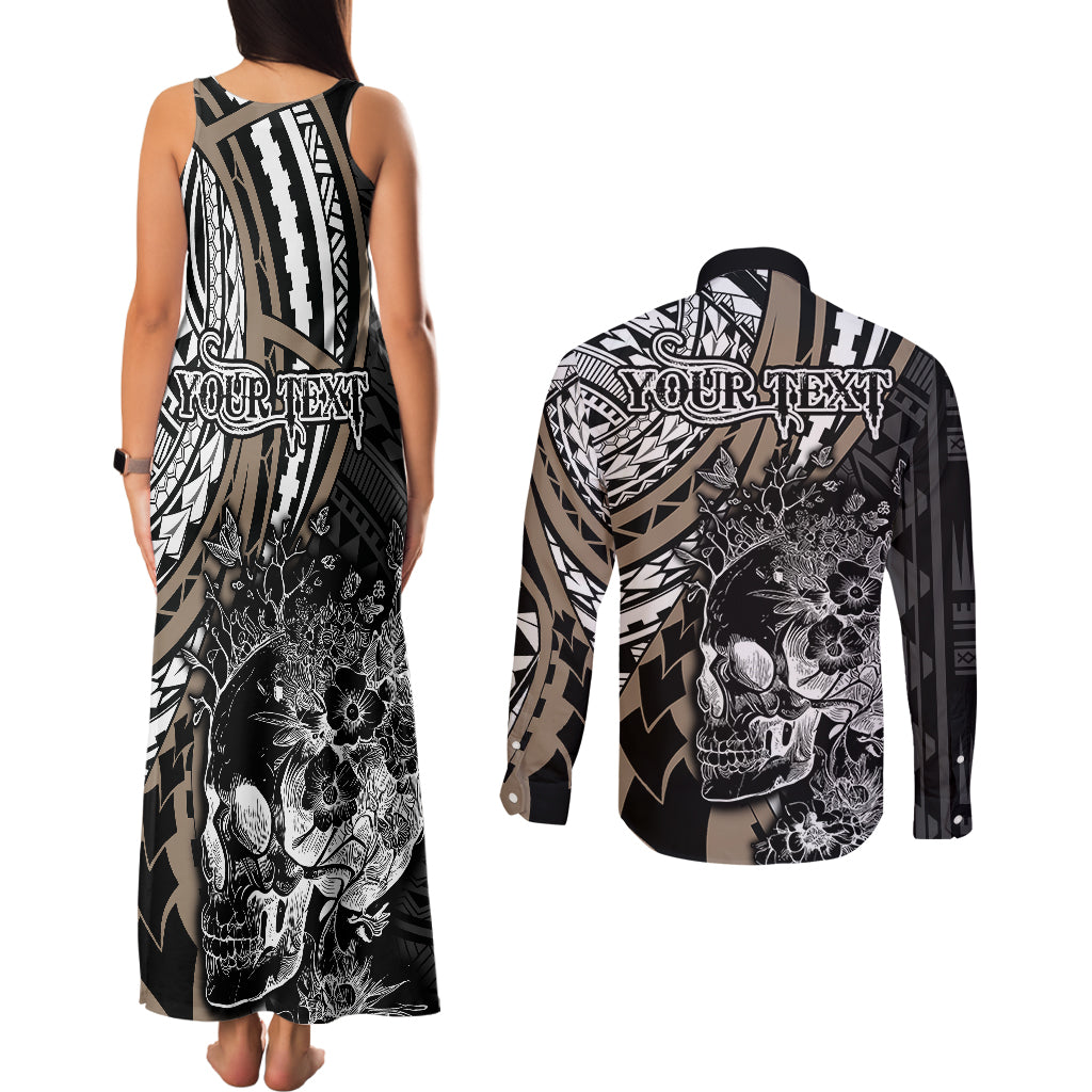 Personalised Polynesia Skull Couples Matching Tank Maxi Dress and Long Sleeve Button Shirts Tattoo In The Style Of Maori With Marine Life Gold LT9 - Polynesian Pride