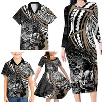 Personalised Polynesia Skull Family Matching Long Sleeve Bodycon Dress and Hawaiian Shirt Tattoo In The Style Of Maori With Marine Life Gold LT9 - Polynesian Pride