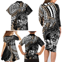 Personalised Polynesia Skull Family Matching Long Sleeve Bodycon Dress and Hawaiian Shirt Tattoo In The Style Of Maori With Marine Life Gold LT9 - Polynesian Pride