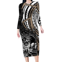 Personalised Polynesia Skull Family Matching Long Sleeve Bodycon Dress and Hawaiian Shirt Tattoo In The Style Of Maori With Marine Life Gold LT9 Mom's Dress Gold - Polynesian Pride