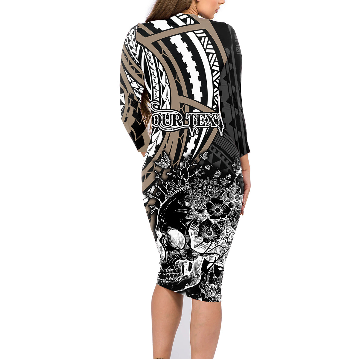 Personalised Polynesia Skull Family Matching Long Sleeve Bodycon Dress and Hawaiian Shirt Tattoo In The Style Of Maori With Marine Life Gold LT9 - Polynesian Pride