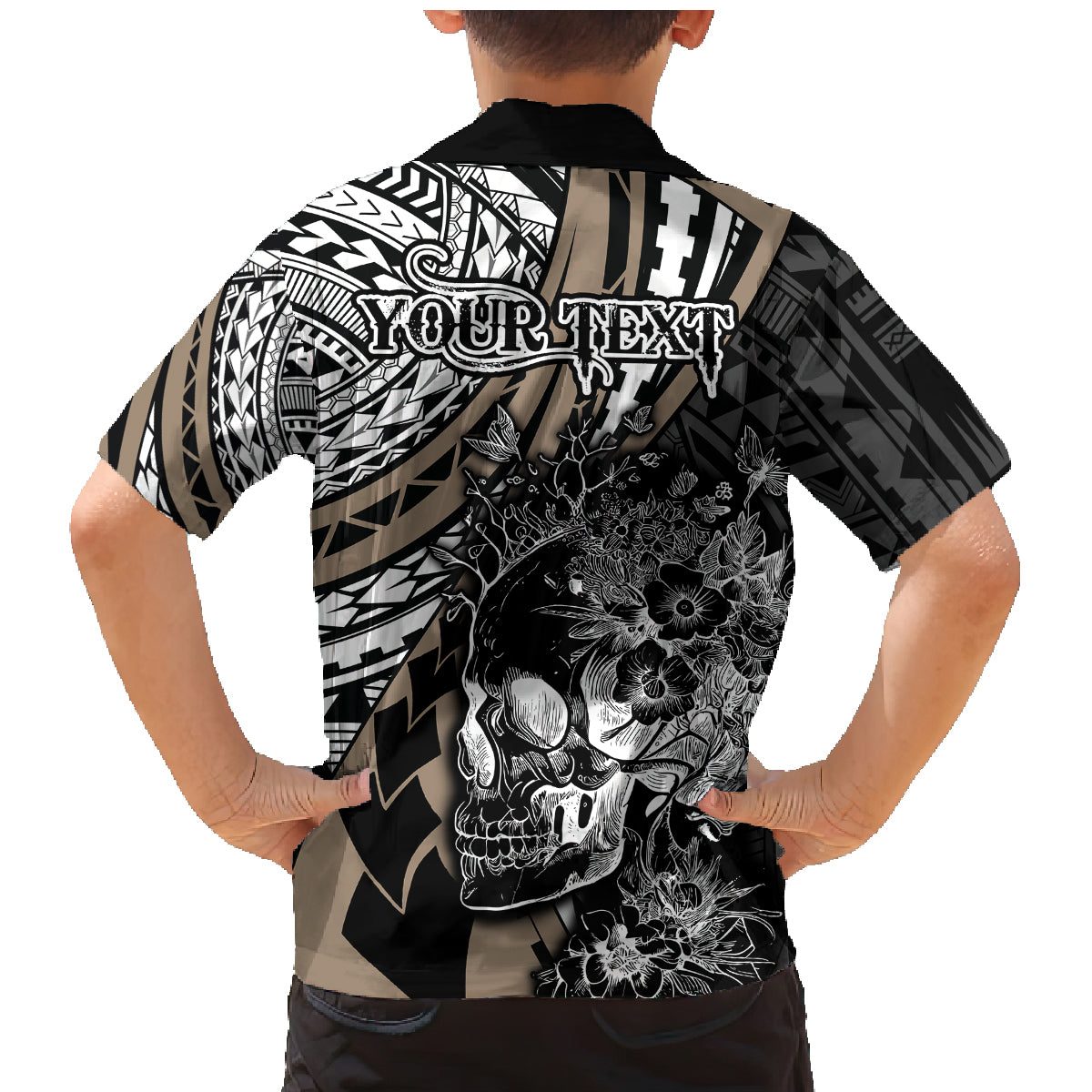 Personalised Polynesia Skull Family Matching Mermaid Dress and Hawaiian Shirt Tattoo In The Style Of Maori With Marine Life Gold LT9 - Polynesian Pride