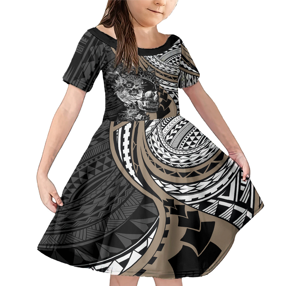 Personalised Polynesia Skull Family Matching Mermaid Dress and Hawaiian Shirt Tattoo In The Style Of Maori With Marine Life Gold LT9 Daughter's Dress Gold - Polynesian Pride