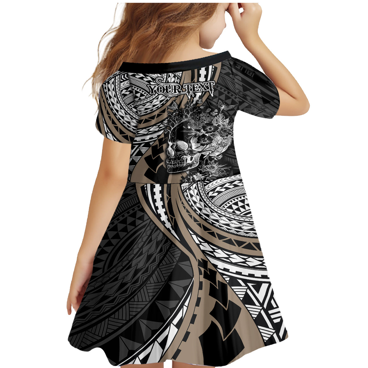 Personalised Polynesia Skull Family Matching Mermaid Dress and Hawaiian Shirt Tattoo In The Style Of Maori With Marine Life Gold LT9 - Polynesian Pride