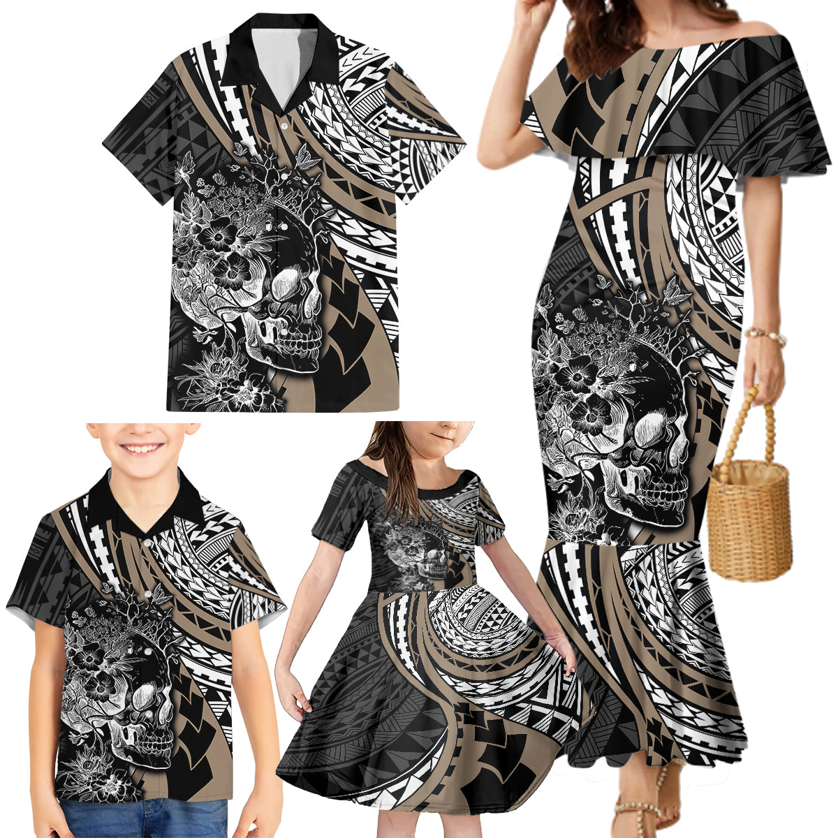 Personalised Polynesia Skull Family Matching Mermaid Dress and Hawaiian Shirt Tattoo In The Style Of Maori With Marine Life Gold LT9 - Polynesian Pride