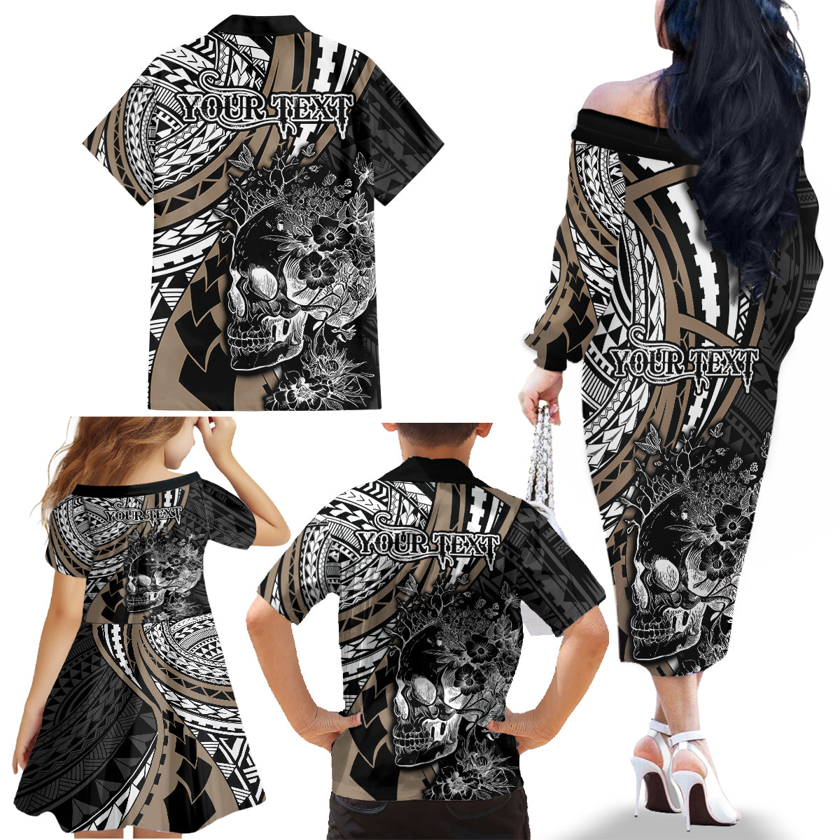 Personalised Polynesia Skull Family Matching Off Shoulder Long Sleeve Dress and Hawaiian Shirt Tattoo In The Style Of Maori With Marine Life Gold LT9 - Polynesian Pride
