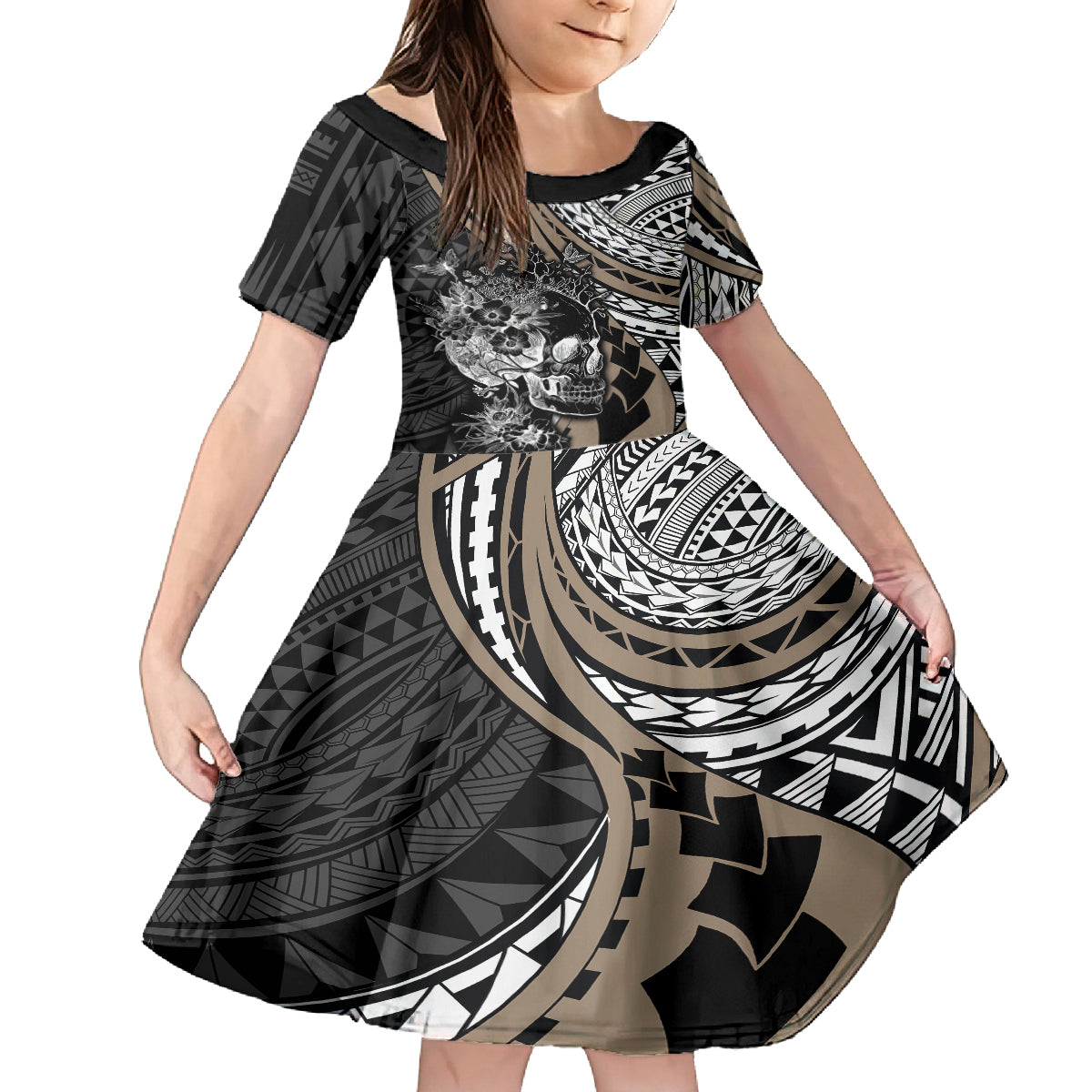 Personalised Polynesia Skull Family Matching Off Shoulder Maxi Dress and Hawaiian Shirt Tattoo In The Style Of Maori With Marine Life Gold LT9 Daughter's Dress Gold - Polynesian Pride