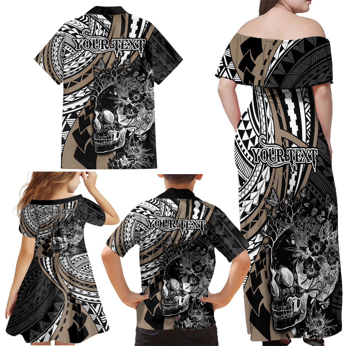 Personalised Polynesia Skull Family Matching Off Shoulder Maxi Dress and Hawaiian Shirt Tattoo In The Style Of Maori With Marine Life Gold LT9 - Polynesian Pride