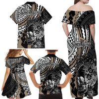 Personalised Polynesia Skull Family Matching Off Shoulder Maxi Dress and Hawaiian Shirt Tattoo In The Style Of Maori With Marine Life Gold LT9 - Polynesian Pride
