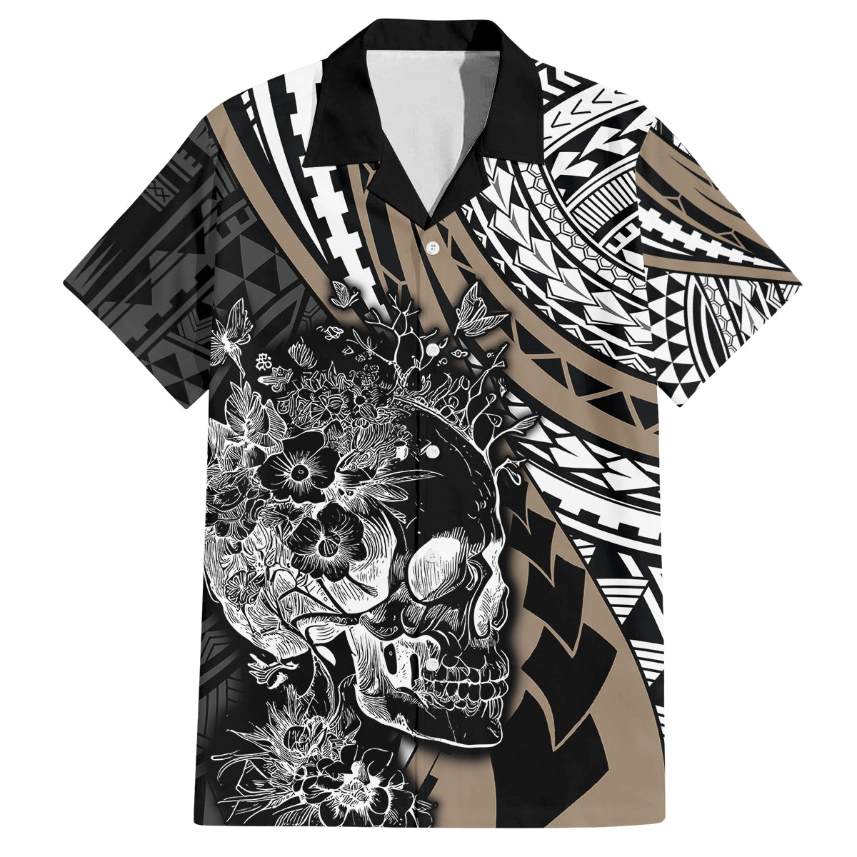 Personalised Polynesia Skull Family Matching Off Shoulder Maxi Dress and Hawaiian Shirt Tattoo In The Style Of Maori With Marine Life Gold LT9 Dad's Shirt - Short Sleeve Gold - Polynesian Pride
