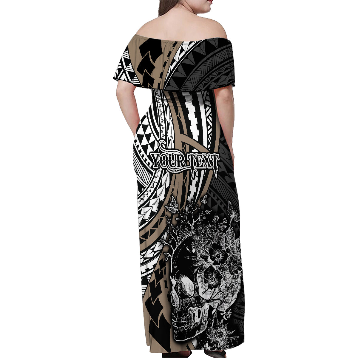 Personalised Polynesia Skull Family Matching Off Shoulder Maxi Dress and Hawaiian Shirt Tattoo In The Style Of Maori With Marine Life Gold LT9 - Polynesian Pride