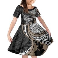 Personalised Polynesia Skull Family Matching Off Shoulder Short Dress and Hawaiian Shirt Tattoo In The Style Of Maori With Marine Life Gold LT9 Daughter's Dress Gold - Polynesian Pride