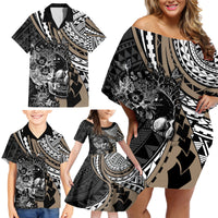 Personalised Polynesia Skull Family Matching Off Shoulder Short Dress and Hawaiian Shirt Tattoo In The Style Of Maori With Marine Life Gold LT9 - Polynesian Pride