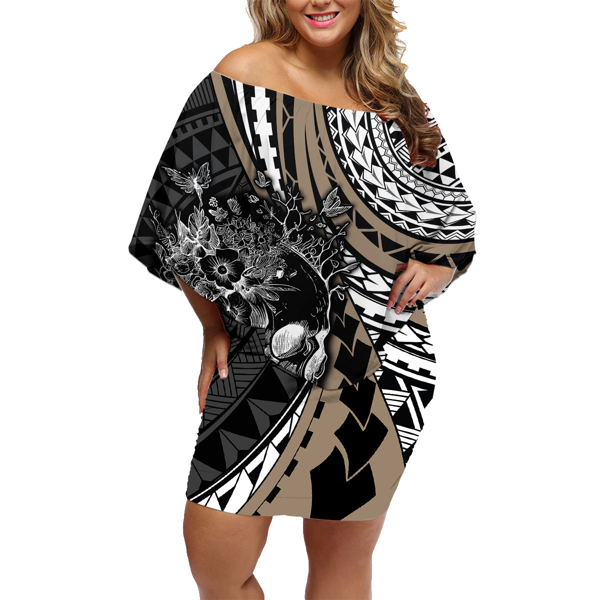 Personalised Polynesia Skull Family Matching Off Shoulder Short Dress and Hawaiian Shirt Tattoo In The Style Of Maori With Marine Life Gold LT9 Mom's Dress Gold - Polynesian Pride