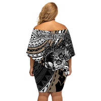 Personalised Polynesia Skull Family Matching Off Shoulder Short Dress and Hawaiian Shirt Tattoo In The Style Of Maori With Marine Life Gold LT9 - Polynesian Pride