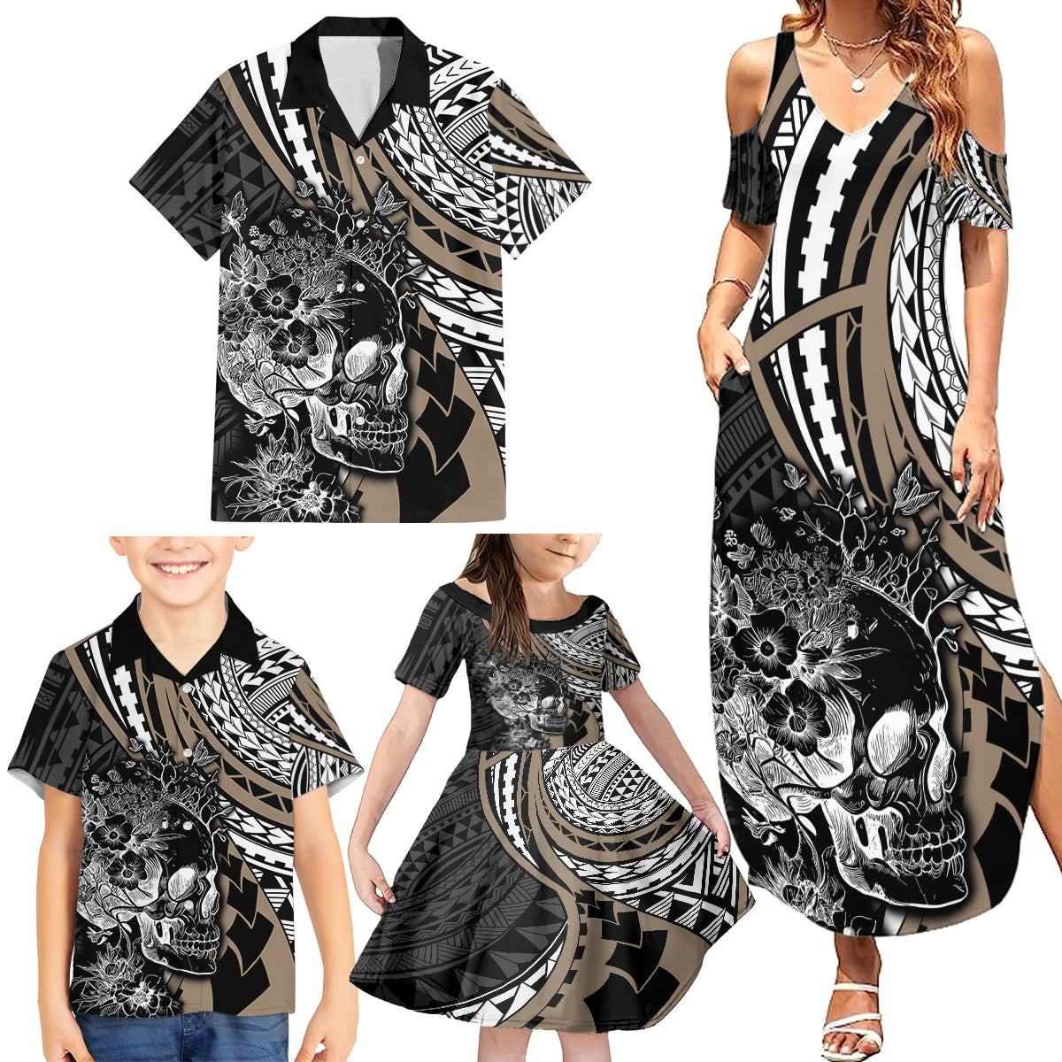 Personalised Polynesia Skull Family Matching Summer Maxi Dress and Hawaiian Shirt Tattoo In The Style Of Maori With Marine Life Gold LT9 - Polynesian Pride