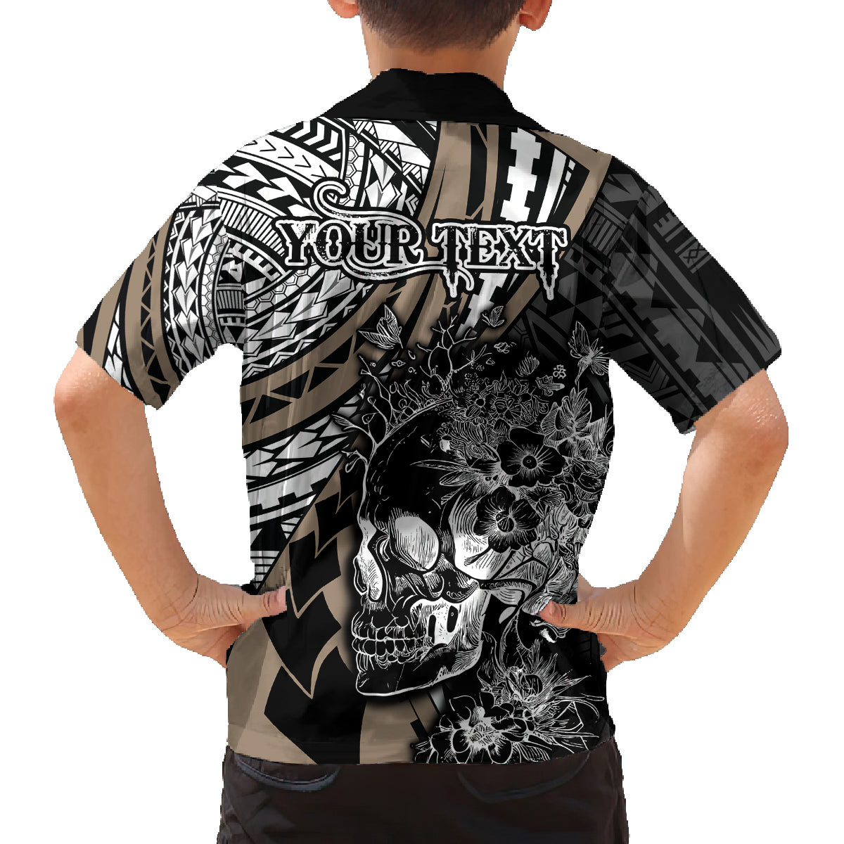 Personalised Polynesia Skull Family Matching Tank Maxi Dress and Hawaiian Shirt Tattoo In The Style Of Maori With Marine Life Gold LT9 - Polynesian Pride