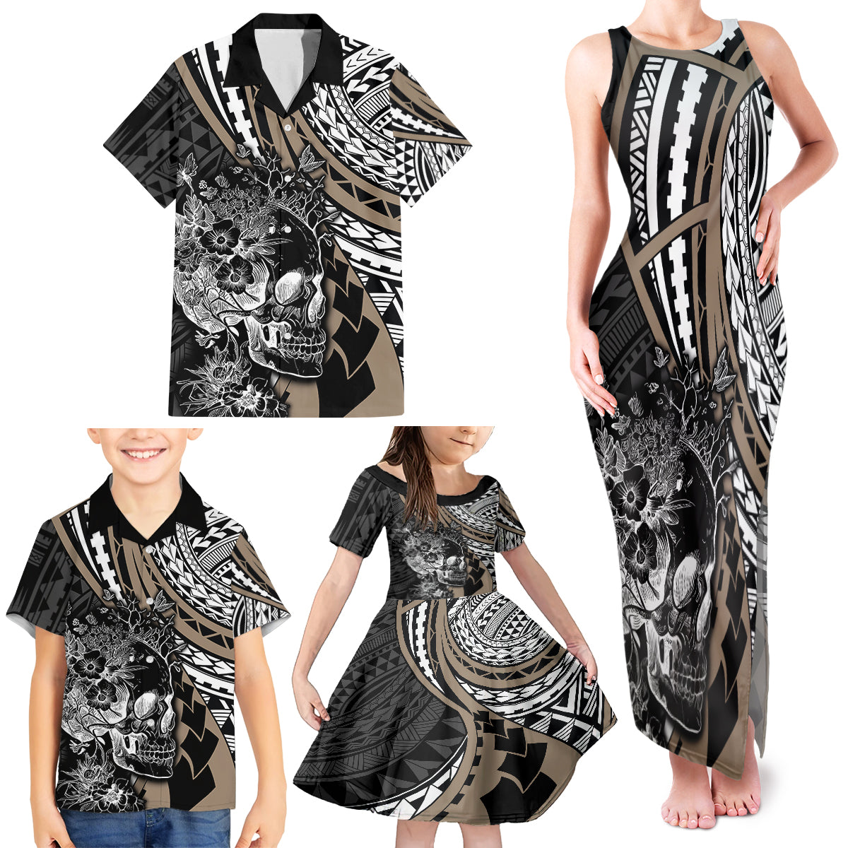 Personalised Polynesia Skull Family Matching Tank Maxi Dress and Hawaiian Shirt Tattoo In The Style Of Maori With Marine Life Gold LT9 - Polynesian Pride