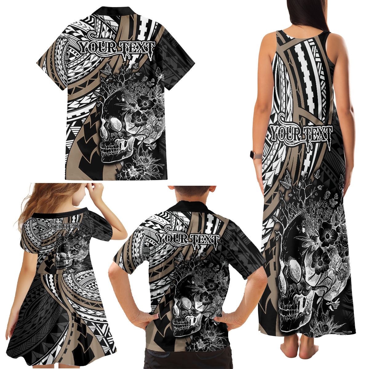 Personalised Polynesia Skull Family Matching Tank Maxi Dress and Hawaiian Shirt Tattoo In The Style Of Maori With Marine Life Gold LT9 - Polynesian Pride