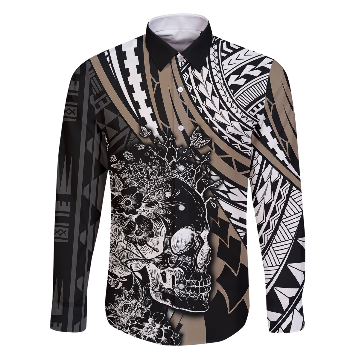 Personalised Polynesia Skull Family Matching Tank Maxi Dress and Hawaiian Shirt Tattoo In The Style Of Maori With Marine Life Gold LT9 Dad's Shirt - Long Sleeve Gold - Polynesian Pride
