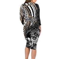 Personalised Polynesia Skull Long Sleeve Bodycon Dress Tattoo In The Style Of Maori With Marine Life Gold LT9 - Polynesian Pride