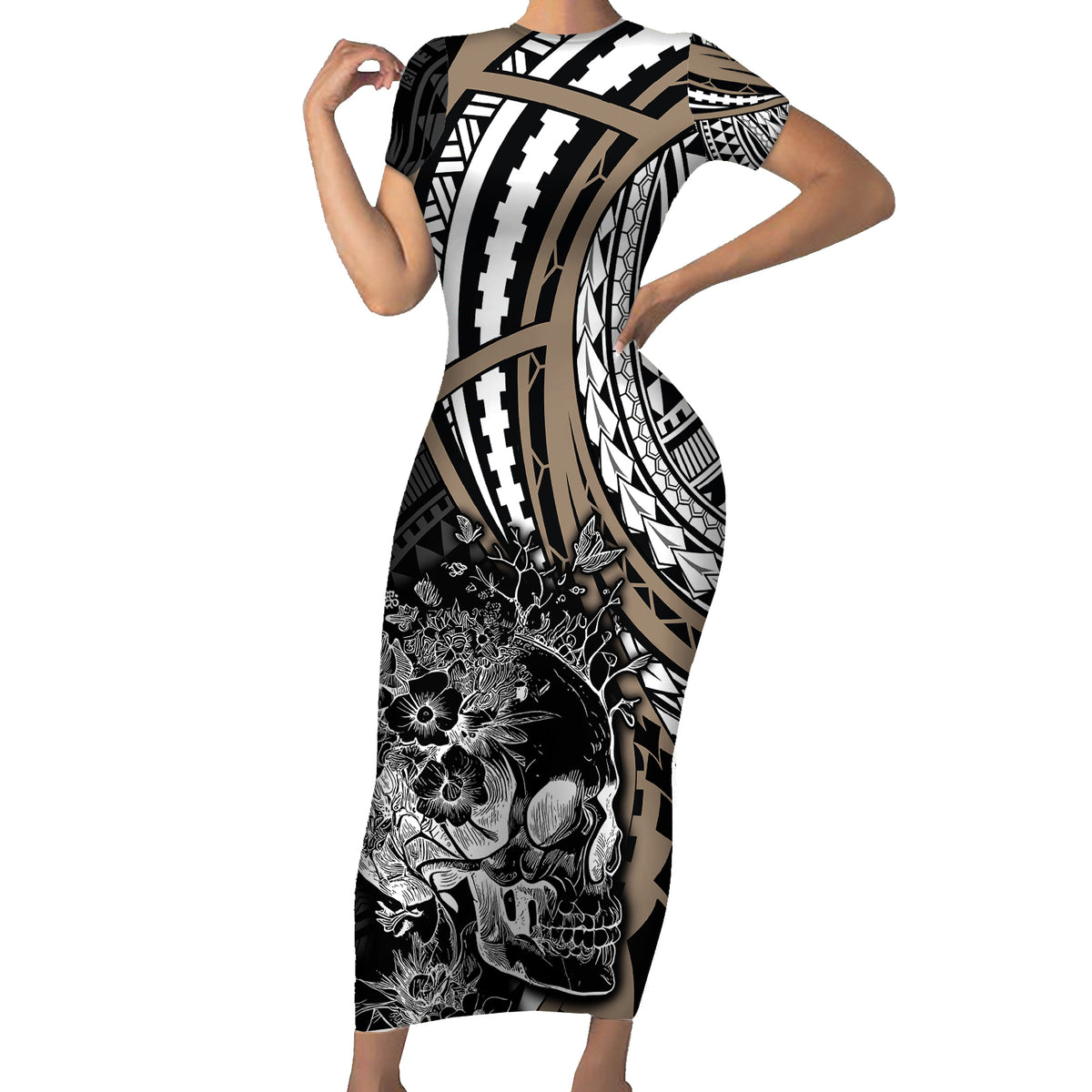 Personalised Polynesia Skull Short Sleeve Bodycon Dress Tattoo In The Style Of Maori With Marine Life Gold LT9 Long Dress Gold - Polynesian Pride