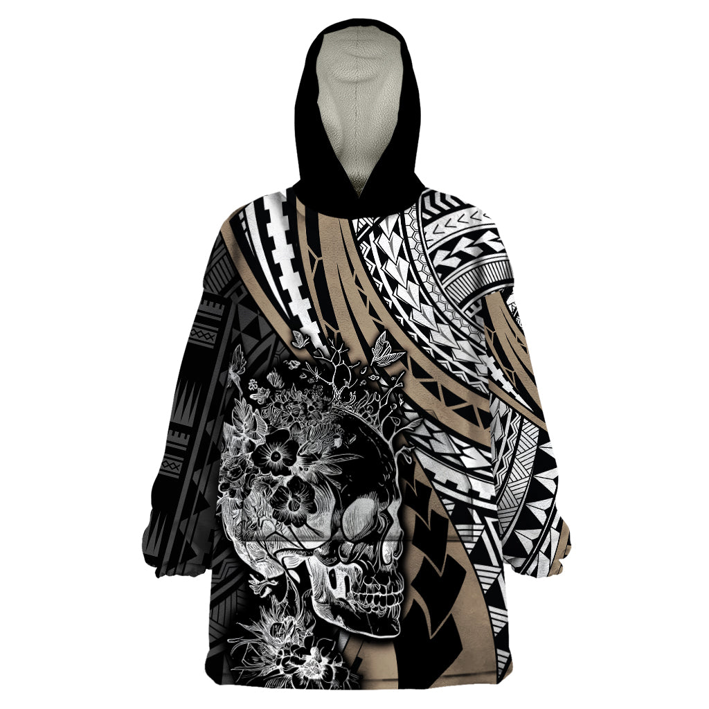 Personalised Polynesia Skull Wearable Blanket Hoodie Tattoo In The Style Of Maori With Marine Life Gold LT9 One Size Gold - Polynesian Pride