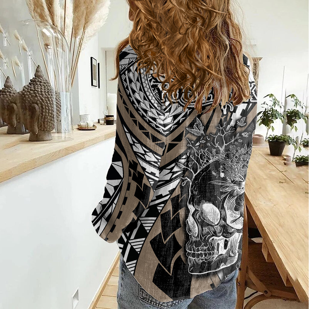 Personalised Polynesia Skull Women Casual Shirt Tattoo In The Style Of Maori With Marine Life Gold LT9 - Polynesian Pride