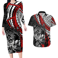 Personalised Polynesia Skull Couples Matching Long Sleeve Bodycon Dress and Hawaiian Shirt Tattoo In The Style Of Maori With Marine Life Red LT9 Red - Polynesian Pride