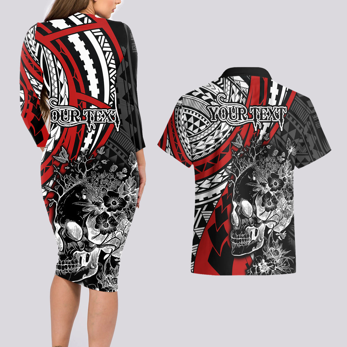 Personalised Polynesia Skull Couples Matching Long Sleeve Bodycon Dress and Hawaiian Shirt Tattoo In The Style Of Maori With Marine Life Red LT9 - Polynesian Pride