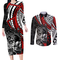 Personalised Polynesia Skull Couples Matching Long Sleeve Bodycon Dress and Long Sleeve Button Shirts Tattoo In The Style Of Maori With Marine Life Red LT9 Red - Polynesian Pride