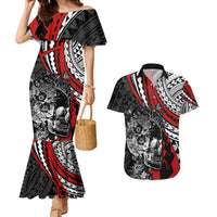 Personalised Polynesia Skull Couples Matching Mermaid Dress and Hawaiian Shirt Tattoo In The Style Of Maori With Marine Life Red LT9 Red - Polynesian Pride