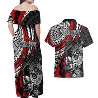Personalised Polynesia Skull Couples Matching Off Shoulder Maxi Dress and Hawaiian Shirt Tattoo In The Style Of Maori With Marine Life Red LT9 - Polynesian Pride