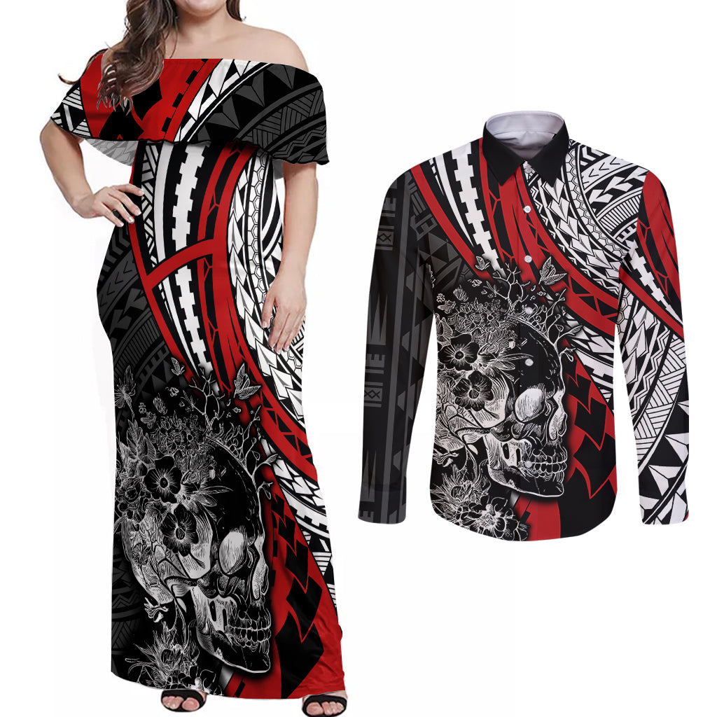 personalised-polynesia-skull-couples-matching-off-shoulder-maxi-dress-and-long-sleeve-button-shirts-tattoo-in-the-style-of-maori-with-marine-life-red