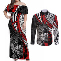 personalised-polynesia-skull-couples-matching-off-shoulder-maxi-dress-and-long-sleeve-button-shirts-tattoo-in-the-style-of-maori-with-marine-life-red