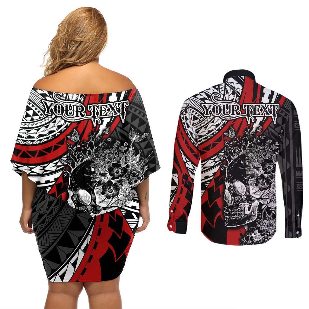 personalised-polynesia-skull-couples-matching-off-shoulder-short-dress-and-long-sleeve-button-shirts-tattoo-in-the-style-of-maori-with-marine-life-red
