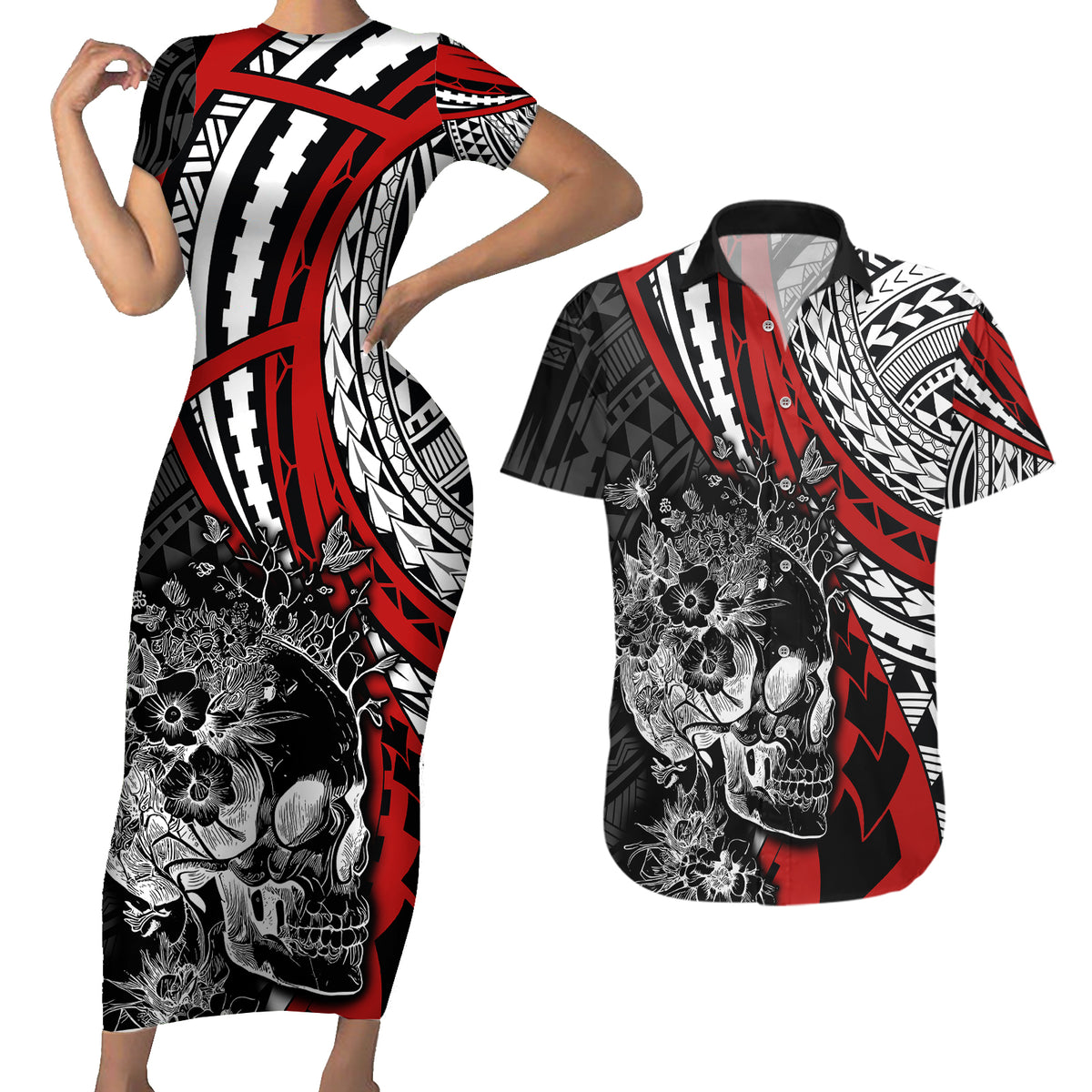 Personalised Polynesia Skull Couples Matching Short Sleeve Bodycon Dress and Hawaiian Shirt Tattoo In The Style Of Maori With Marine Life Red LT9 Red - Polynesian Pride